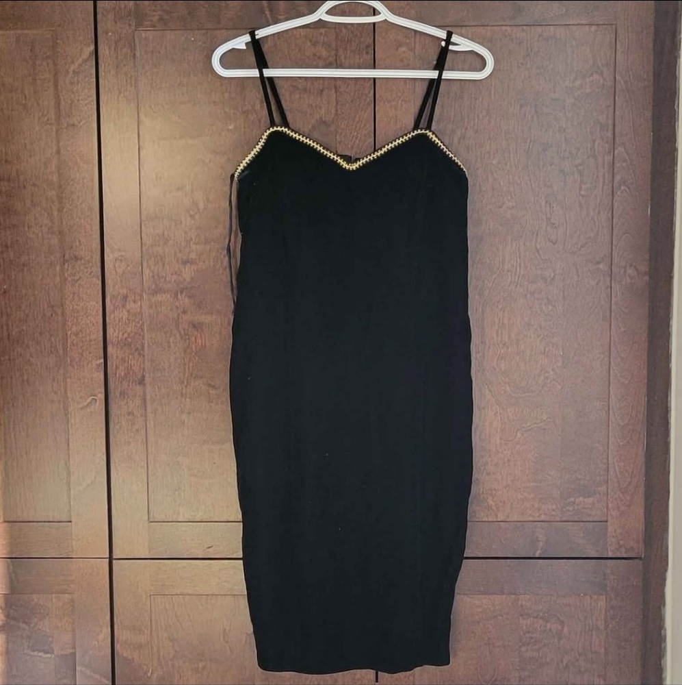 Vintage 90s Black Velvet Bodycon Dress | Gold Chain Trim | Size 9/10